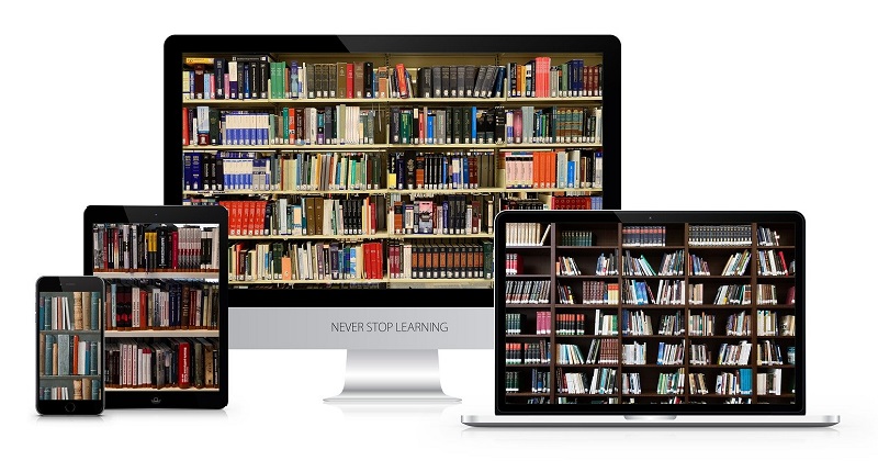screens showing bookshelves filled with books